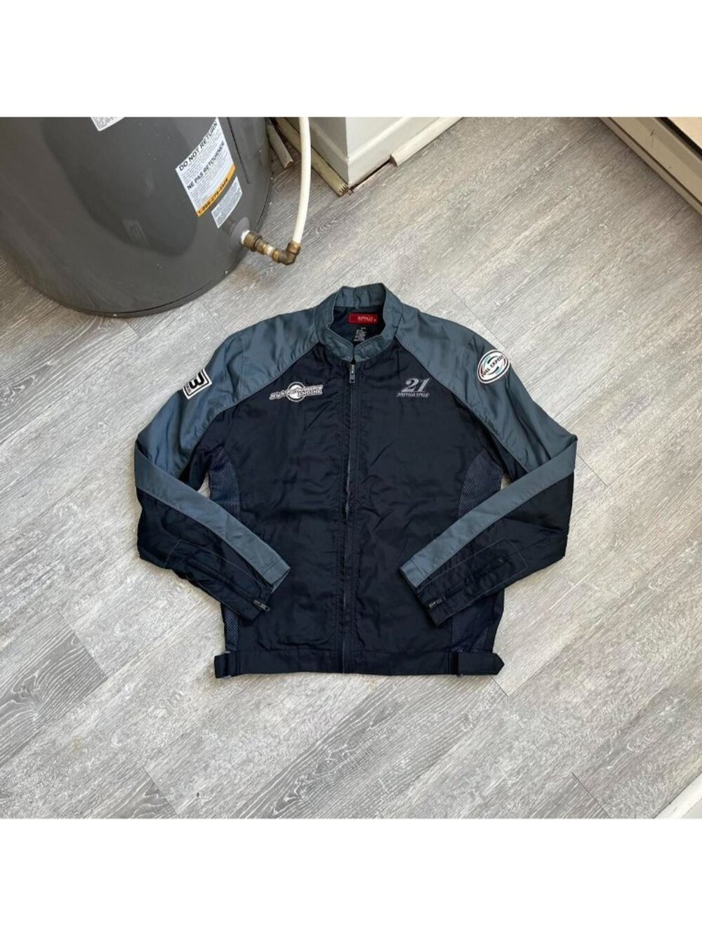 Navy Blue / Grey Buffalo David Bitton Zip-Up Racing Style Patch Bomber Jacket